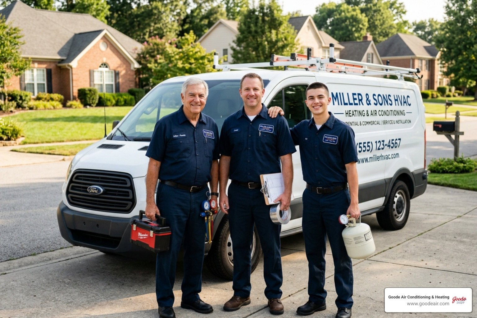 multi-generational family HVAC team standing together near a service van in a residential neighborhood - advantages of a
