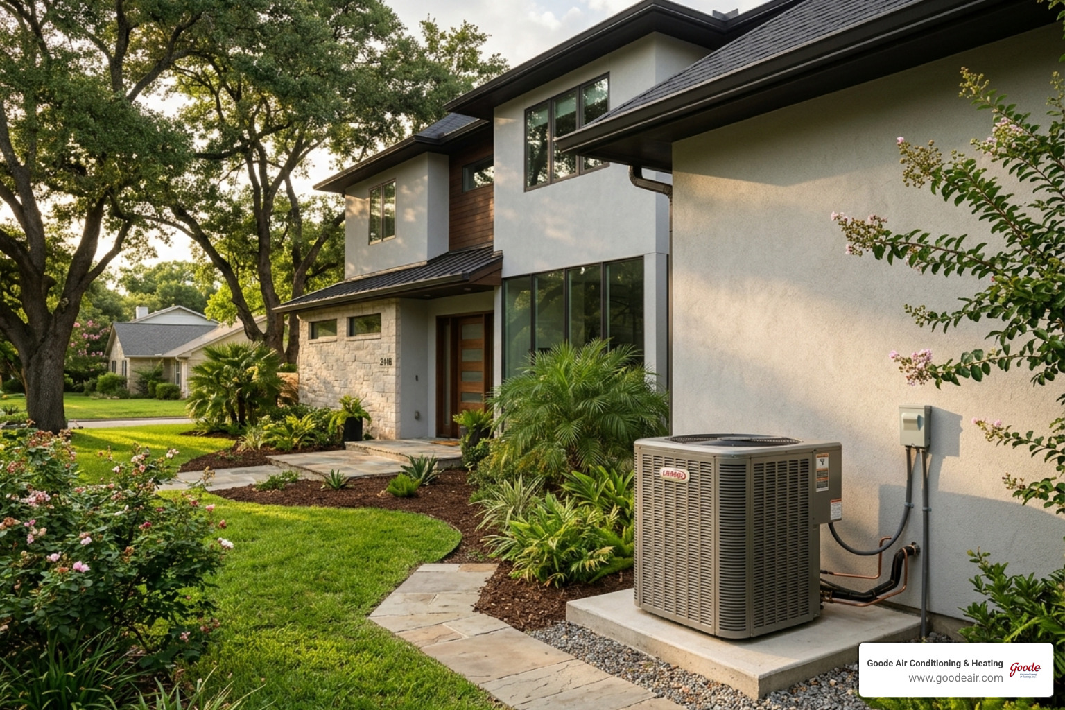 HVAC outdoor AC unit beside a modern Southeast Texas home - hvac maintenance tips for southeast texas homeowners