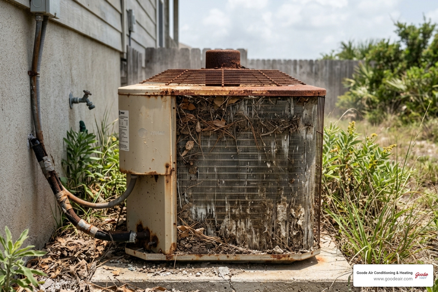 Outdoor air conditioner condenser unit in a coastal environment showing signs of weathering - how southeast texas climate Outdoor air conditioner condenser unit in a coastal environment showing signs of weathering - how southeast texas climate
