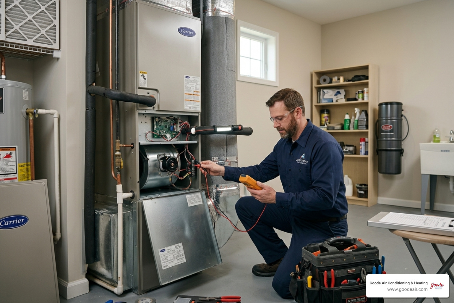 Professional HVAC technician performing a multi-point inspection on an indoor air handler - is an hvac maintenance plan Professional HVAC technician performing a multi-point inspection on an indoor air handler - is an hvac maintenance plan