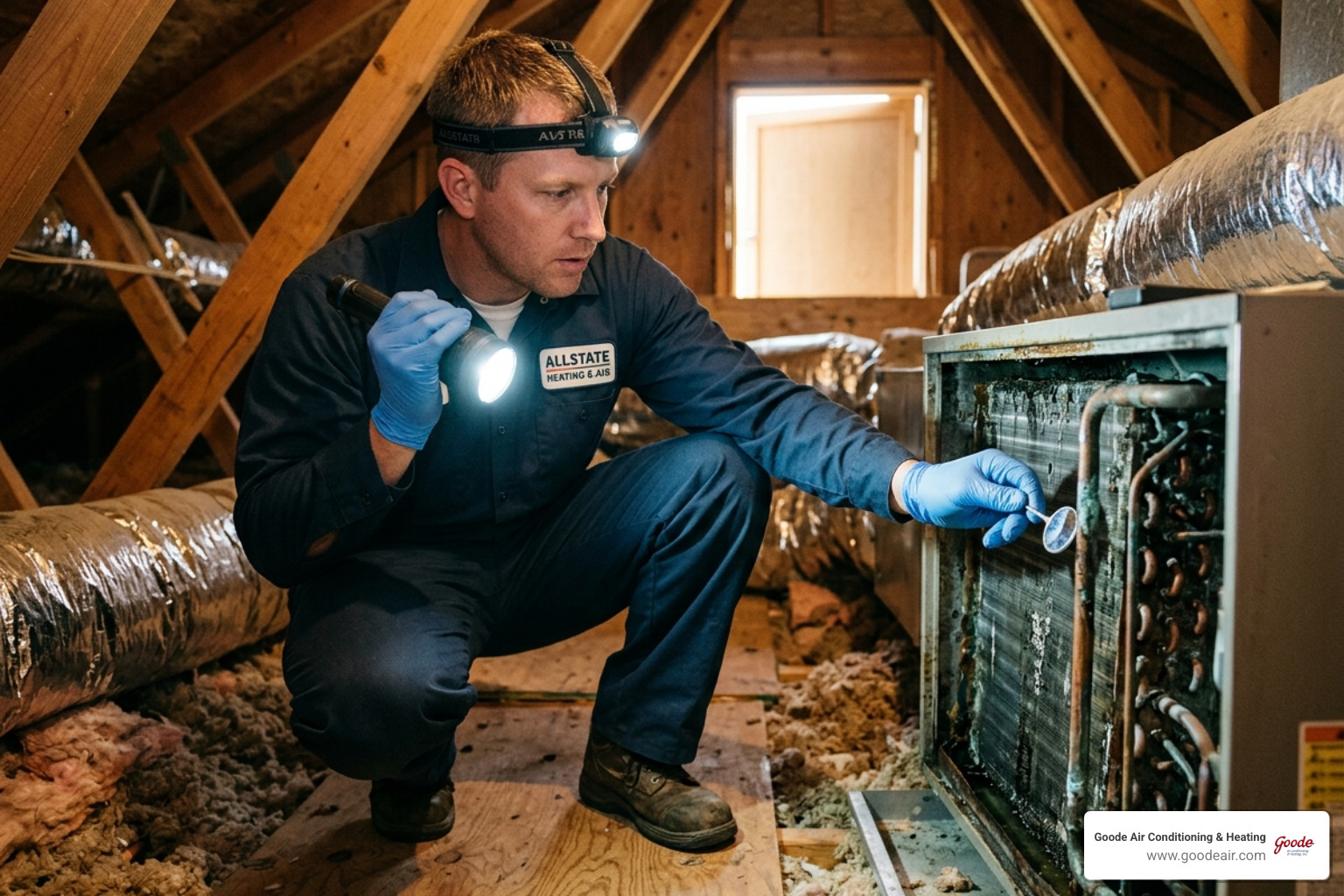 Technician inspecting a corroded evaporator coil in a high-humidity attic - average lifespan of an hvac system in humid Technician inspecting a corroded evaporator coil in a high-humidity attic - average lifespan of an hvac system in humid