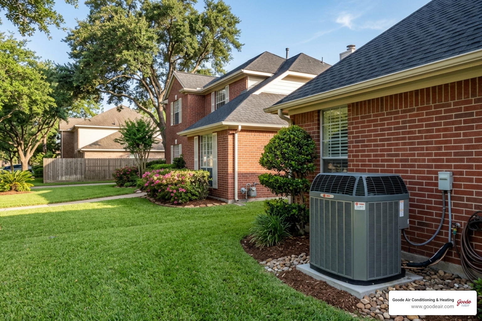 classic well-maintained outdoor AC unit in a Houston suburb - why not every old system needs replacing