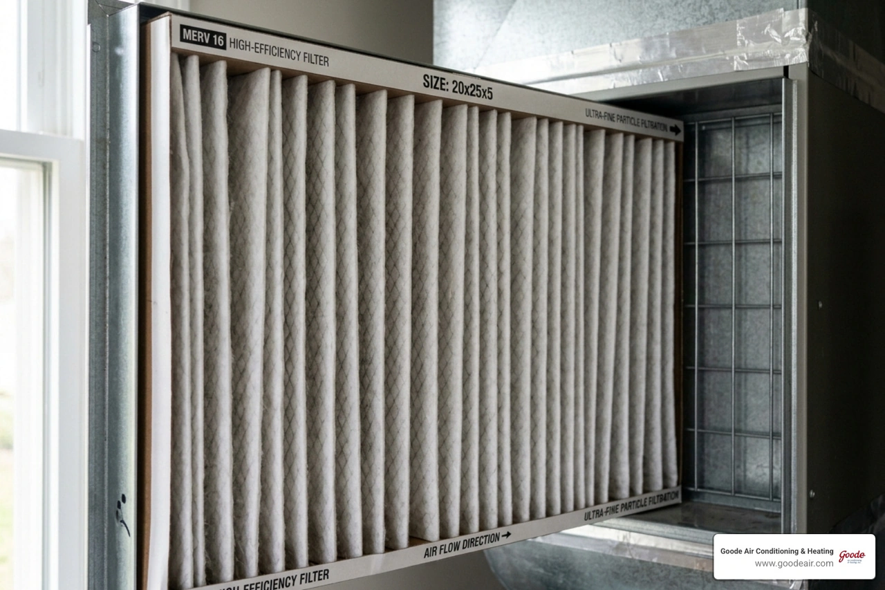 A close-up of a high-efficiency MERV 16 air filter showing the dense pleats designed to trap micro-particles - whole house A close-up of a high-efficiency MERV 16 air filter showing the dense pleats designed to trap micro-particles - whole house