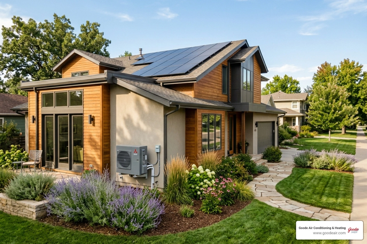 energy efficient home exterior with modern HVAC system and green landscaping - energy efficient hvac and home value