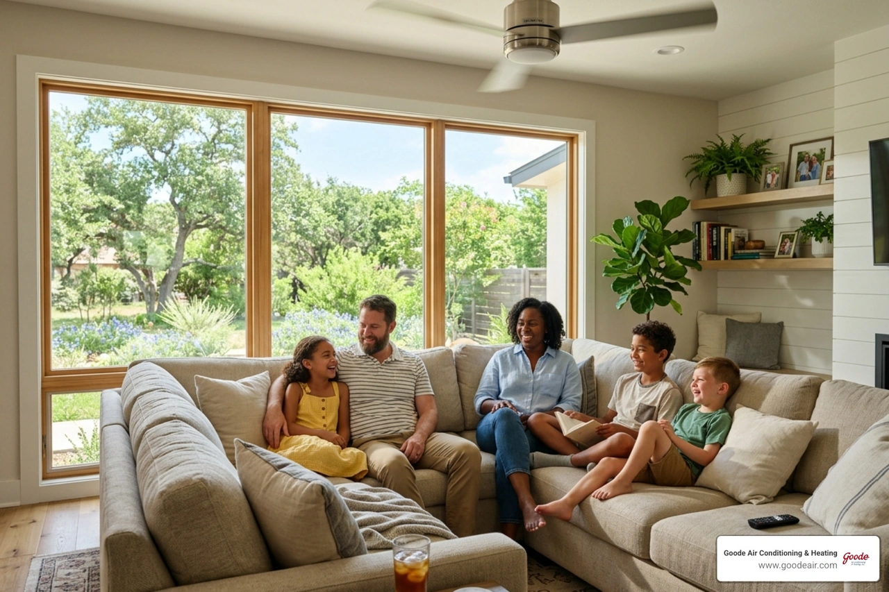 A happy family relaxing in a comfortable, cool living room during a Texas summer - texas energy rebates for hvac upgrades
