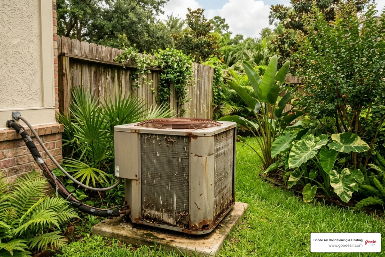 aging outdoor AC unit in a Houston backyard with visible wear and humidity - when should you replace your ac