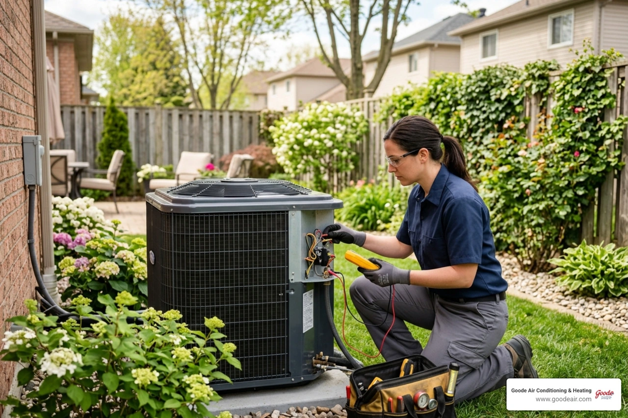HVAC technician inspecting outdoor condenser unit during spring preventive maintenance visit - what does an ac maintenance
