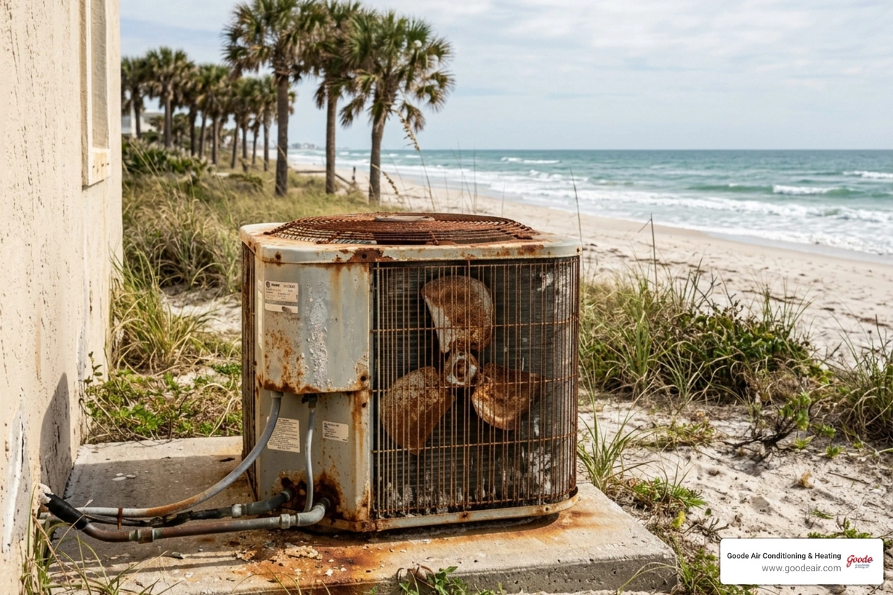 rusted outdoor AC condenser unit near Gulf Coast coastline with visible corrosion - why do ac units wear out faster in the