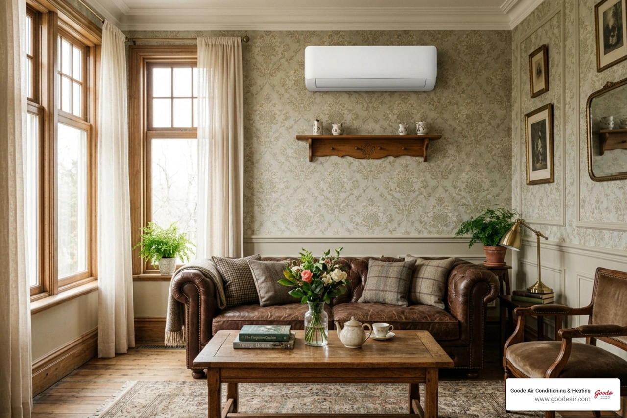 ductless mini-split indoor unit mounted in a vintage living room - ductless heating and cooling for homes without ductwork
