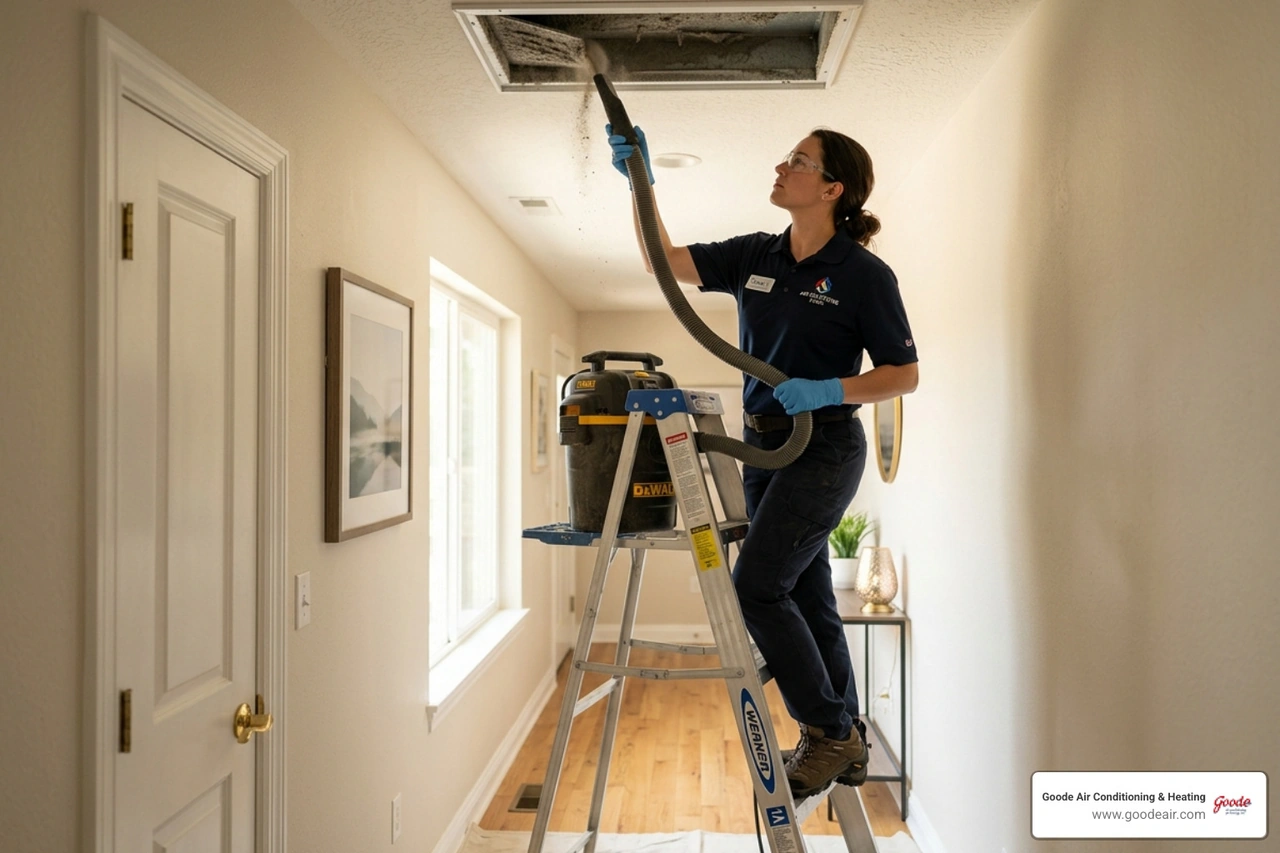 dusty HVAC vent being cleaned indoors - how duct cleaning improves indoor air quality