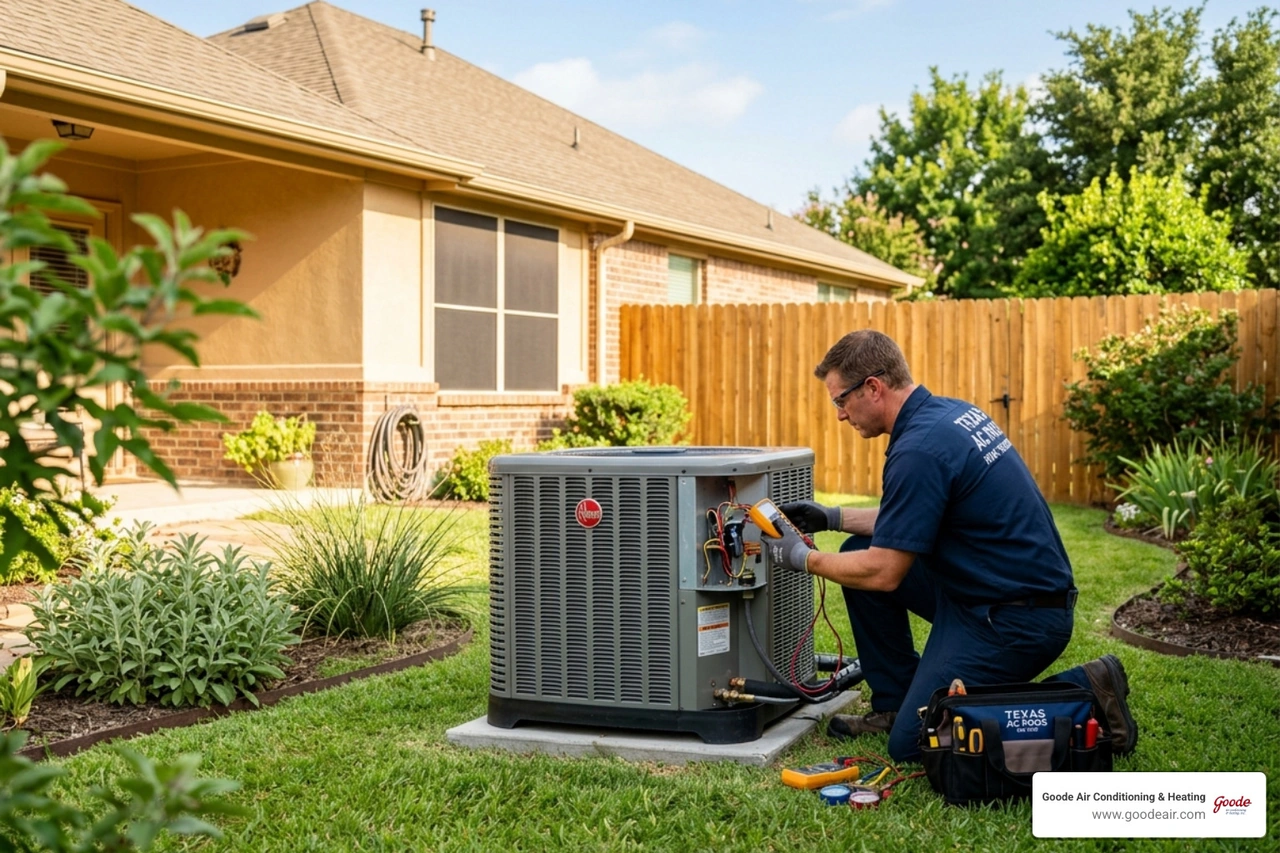 Professional HVAC technician inspecting an outdoor AC condenser unit in a Texas backyard - is it worth fixing an old ac in Professional HVAC technician inspecting an outdoor AC condenser unit in a Texas backyard - is it worth fixing an old ac in