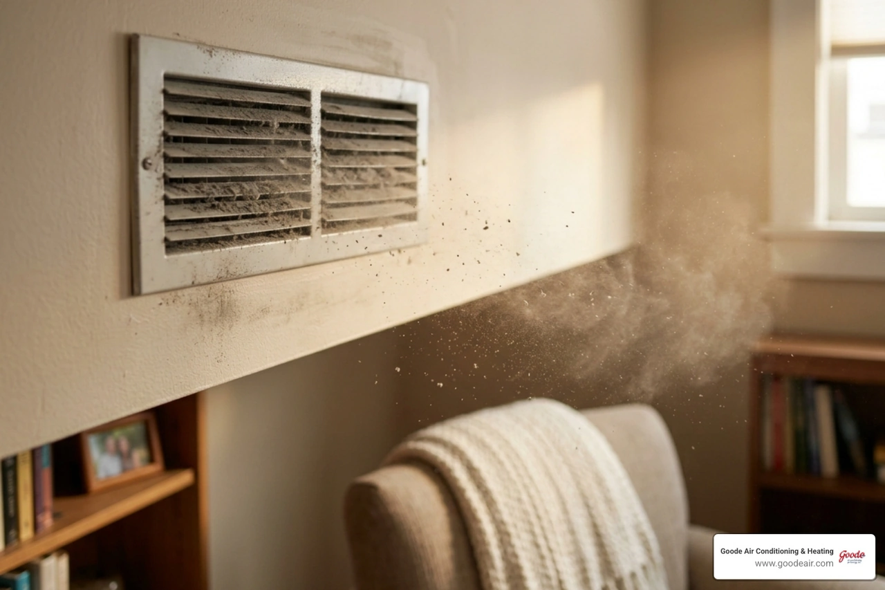 dusty HVAC vent blowing particles into a living room - signs your ductwork needs professional cleaning