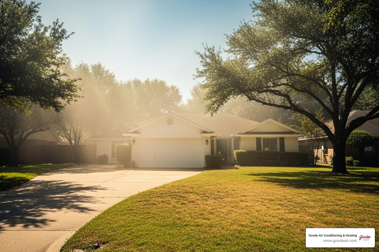 Houston home under scorching summer sun with extreme heat and high humidity