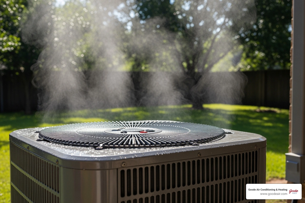 Outdoor AC unit in a humid backyard during a hot Texas day Outdoor AC unit in a humid backyard during a hot Texas day