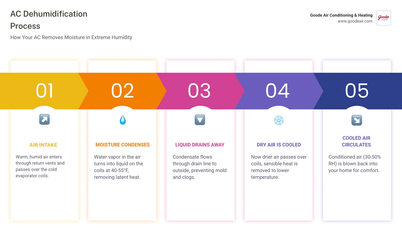 Infographic showing AC dehumidification process steps and humidity maintenance tips for humid climates infographic Infographic showing AC dehumidification process steps and humidity maintenance tips for humid climates infographic