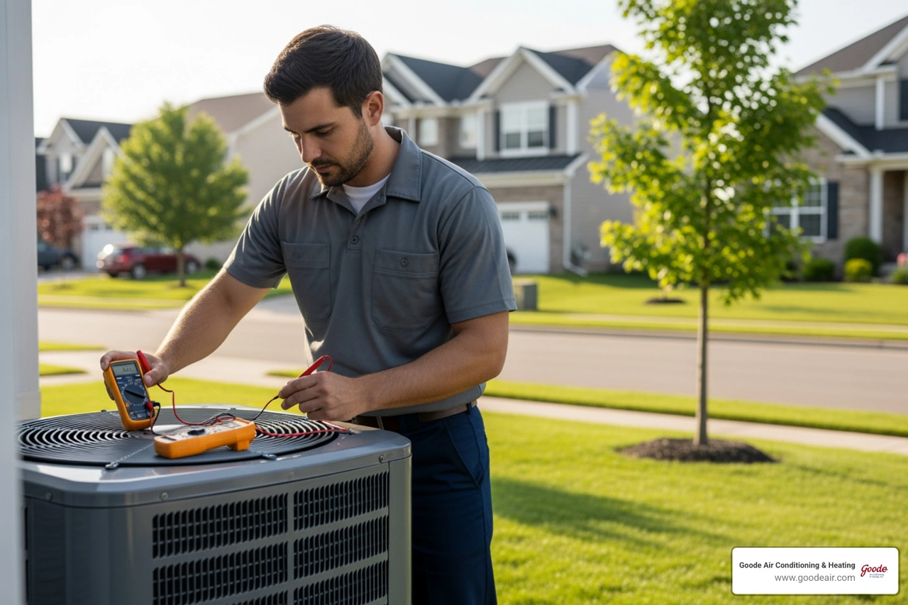 HVAC technician performing multi-point inspection on residential AC unit