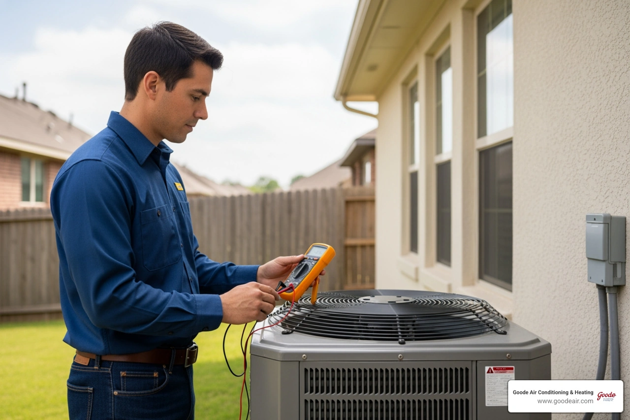 Technician using a multimeter to check the electrical components of an outdoor condenser unit