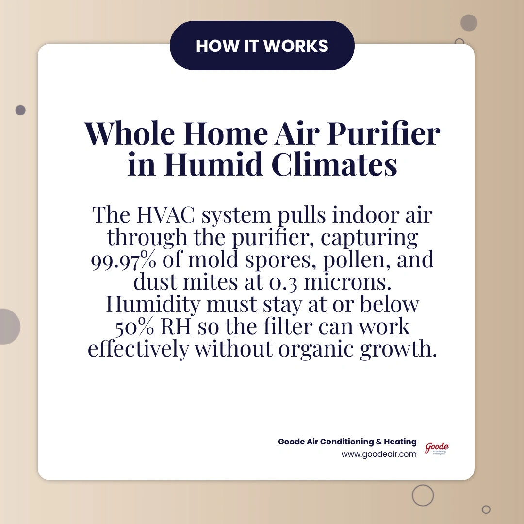 Infographic showing how a whole-home air purifier works with HVAC in humid climates, humidity threshold, and key benefits