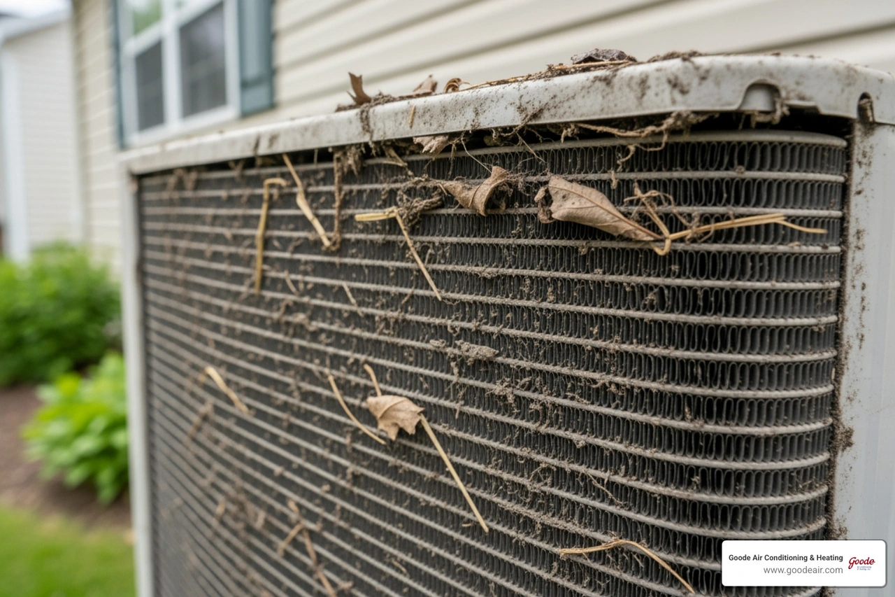 dirty condenser coil outdoor AC unit covered in dust and debris