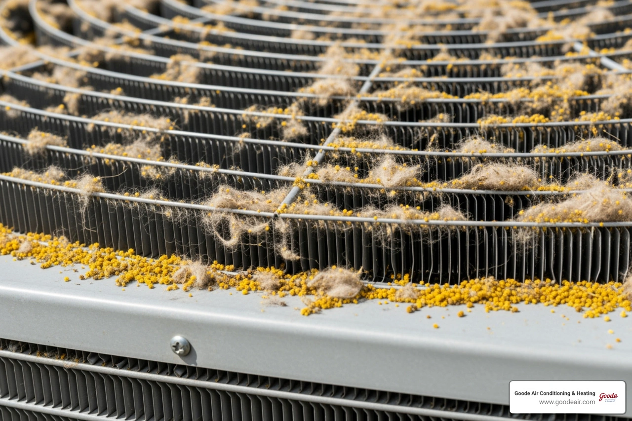 Close up of cottonwood fuzz and pollen clogging the aluminum fins of an AC condenser unit