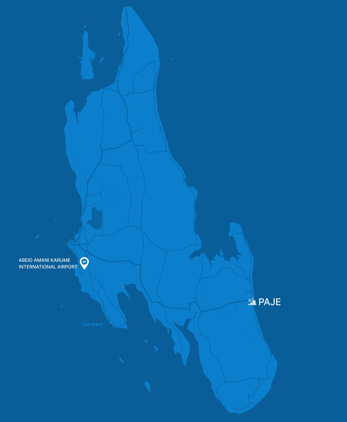 Map of an island showing Abeid Amani Karume International Airport and Paje town locations.