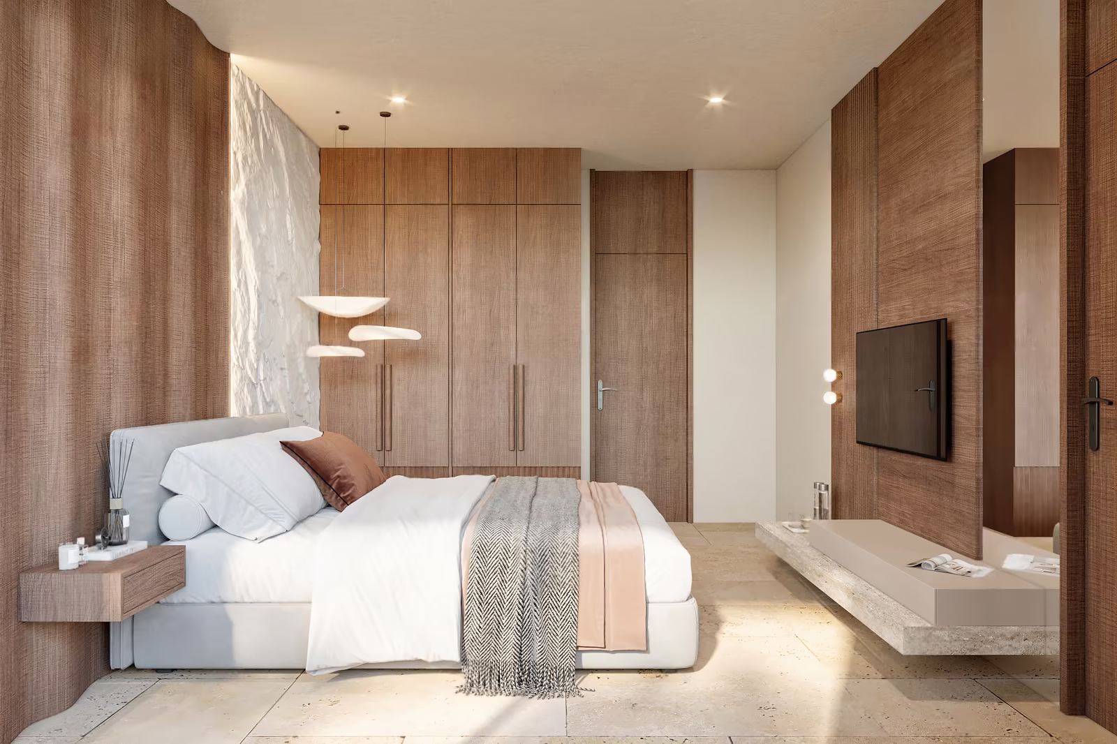 3 Bedroom Penthouse at Azure Paje: master bedroom with timber panelling and a floating bench
