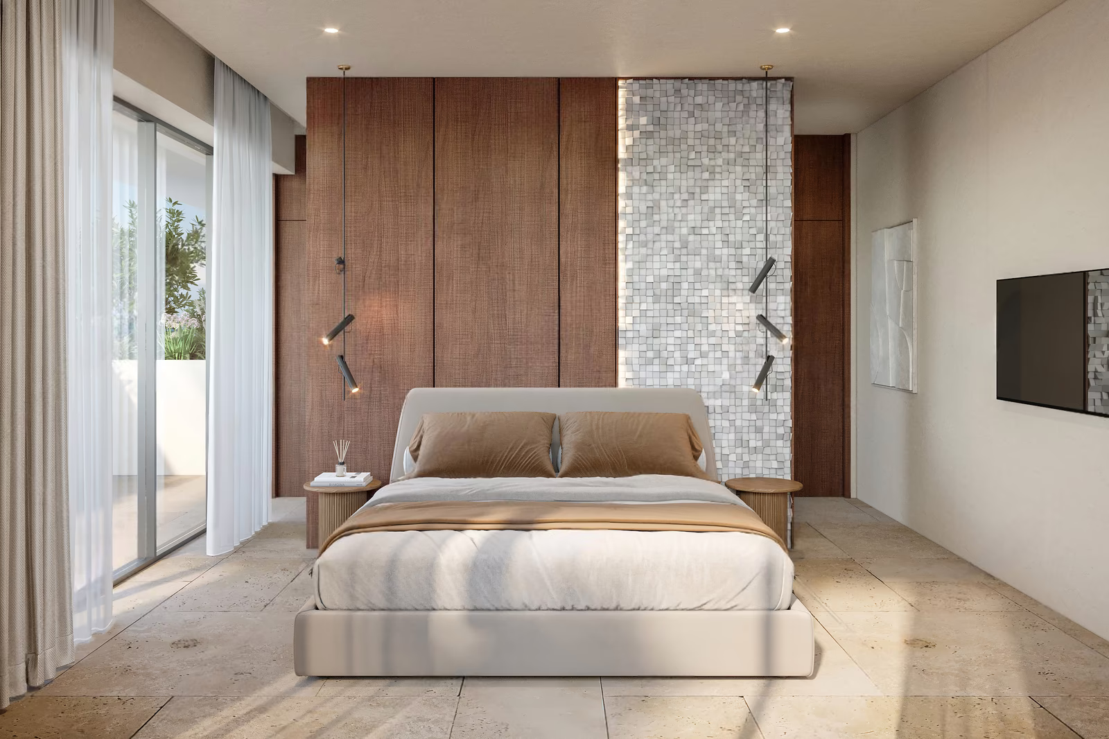 2 Bedroom Penthouse at Azure Paje: bedroom with a double bed and doors to the terrace
