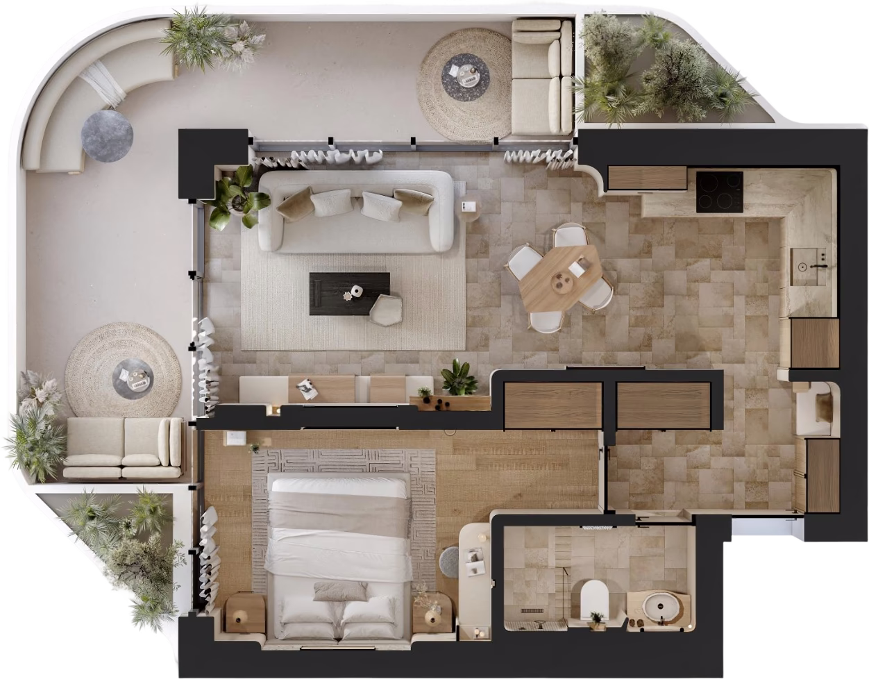 Floor plan of the One Bedroom apartment at Azure Paje, with bedroom, living and dining area, kitchen, bathroom and balcony