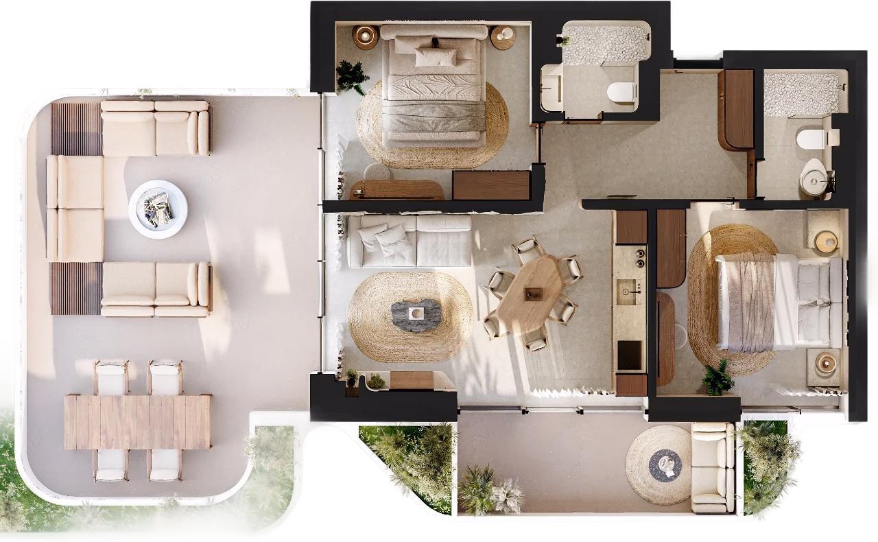 Floor plan of the Two Bedroom apartment at Azure Paje, with two bedrooms, living and dining area, kitchen, bathrooms and balcony