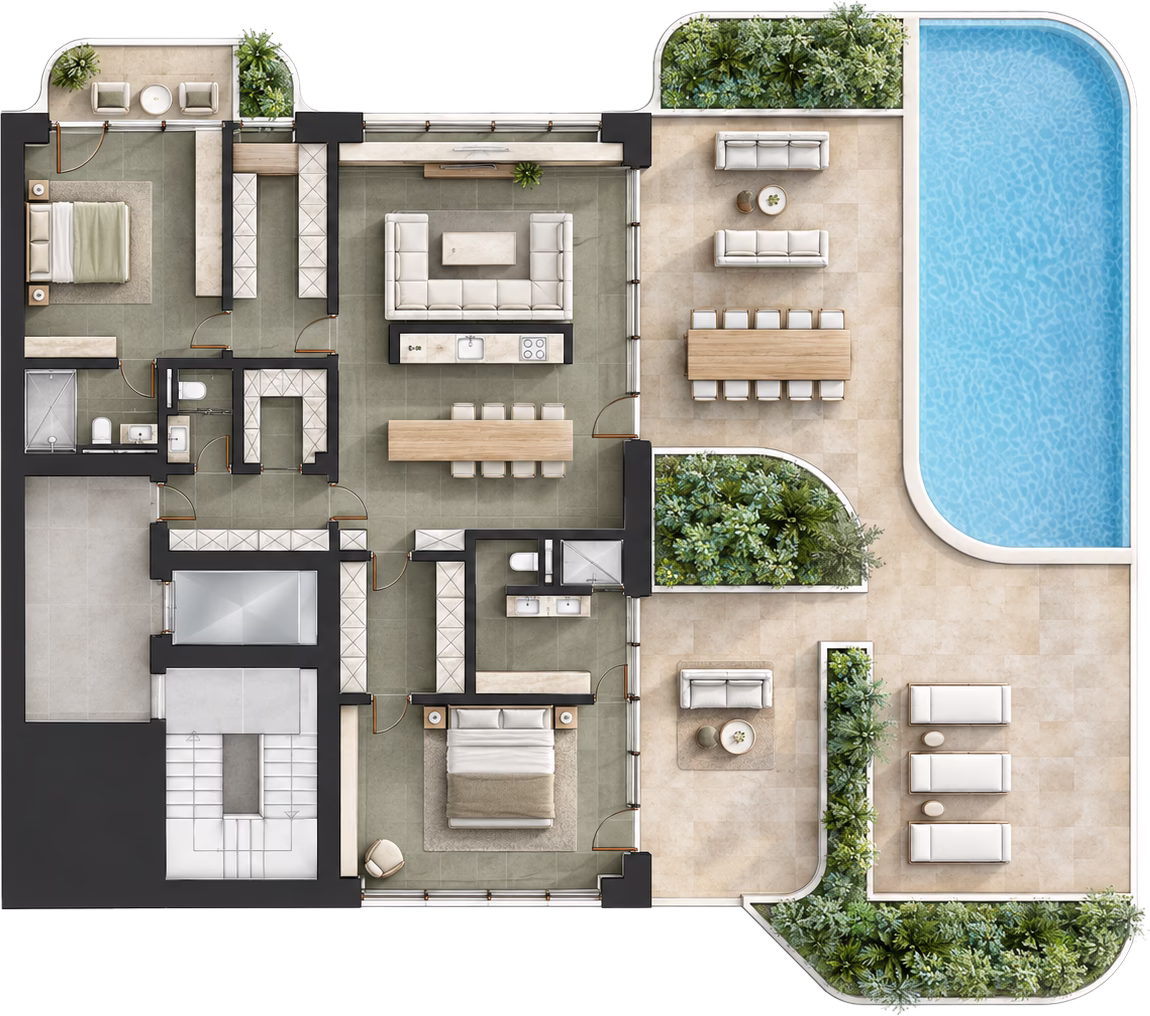 Floor plan of the 2 Bedroom Penthouse at Azure Paje, with two bedrooms, open living and dining area, and a roof terrace with a private pool