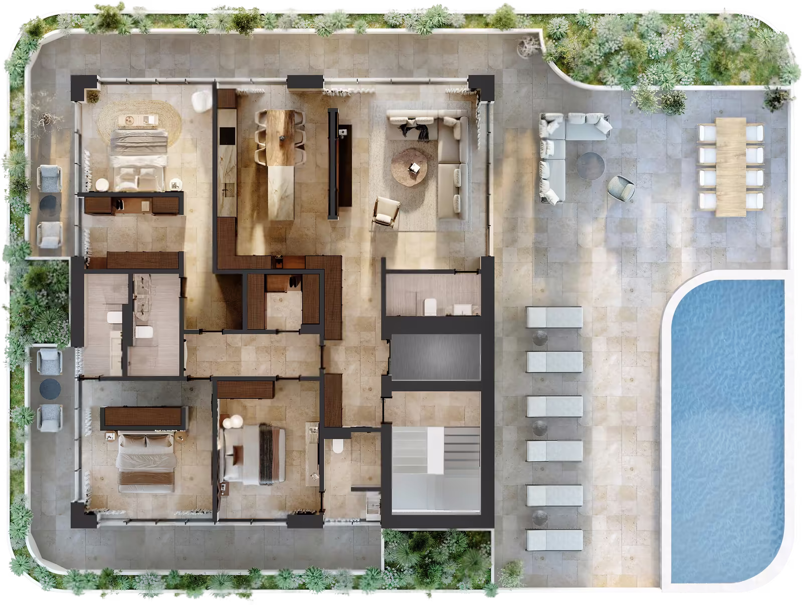 Floor plan of the Trophy Penthouse at Azure Paje, with three bedrooms, open living and dining area, and a wraparound terrace with a private pool