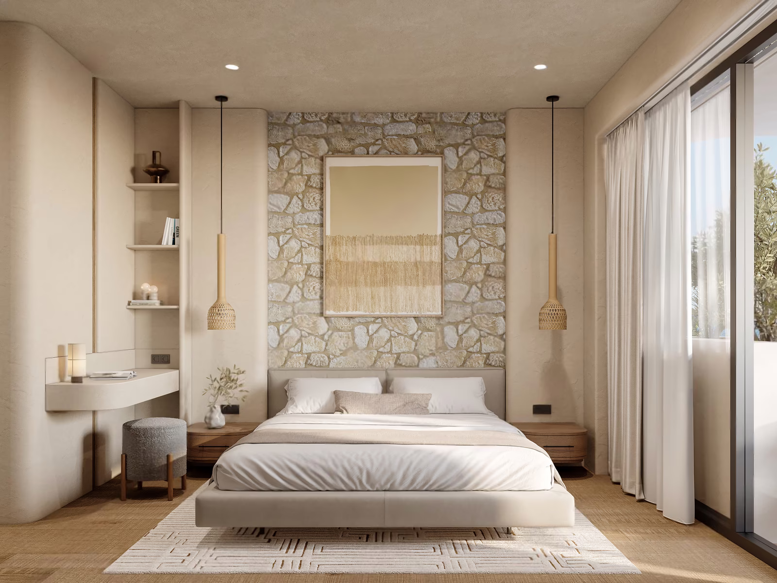One bedroom apartment at Azure Paje: bedroom with a stone feature wall, double bed and vanity