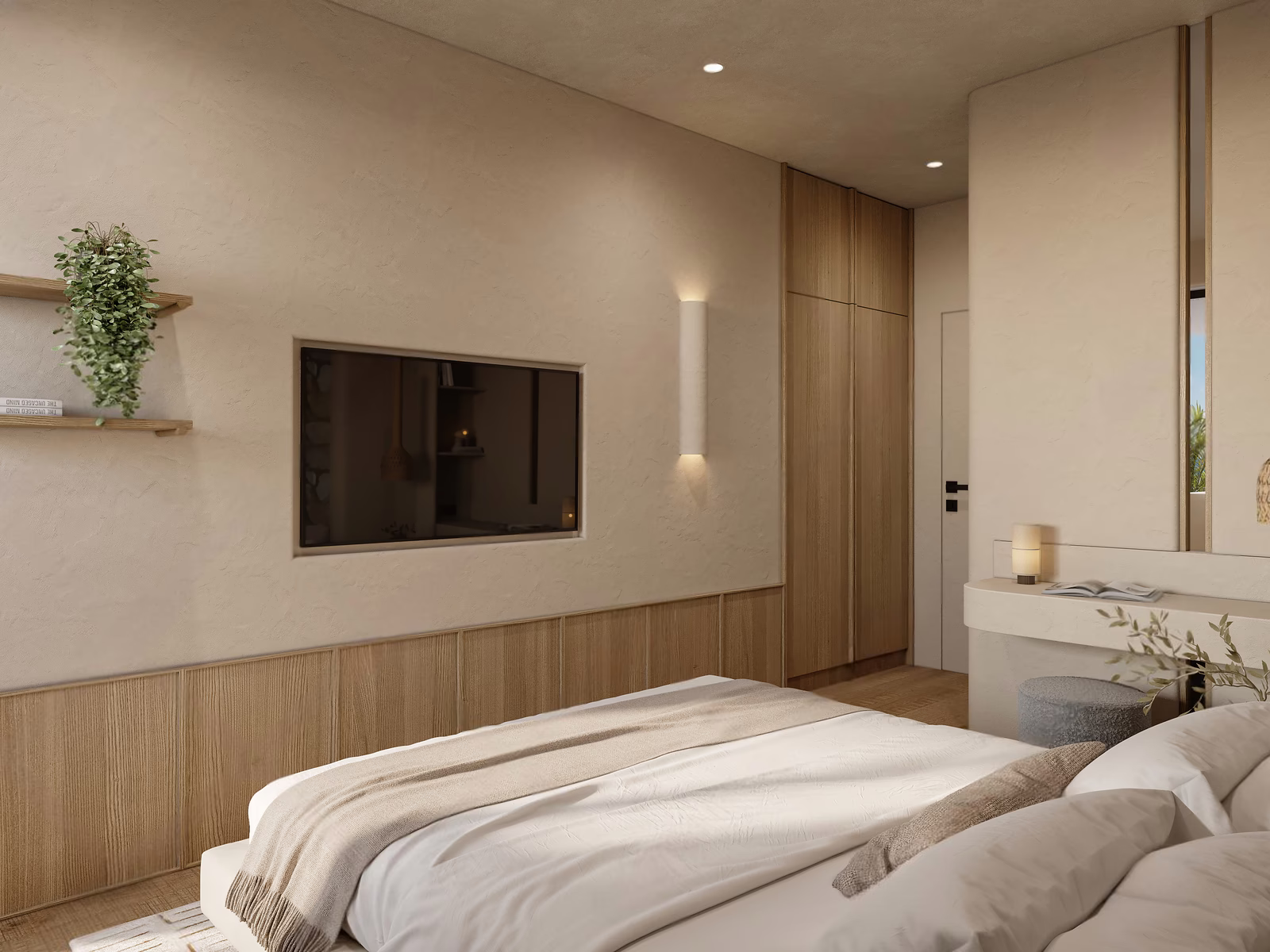 One bedroom apartment at Azure Paje: bedroom with timber panelling and a wall-mounted TV