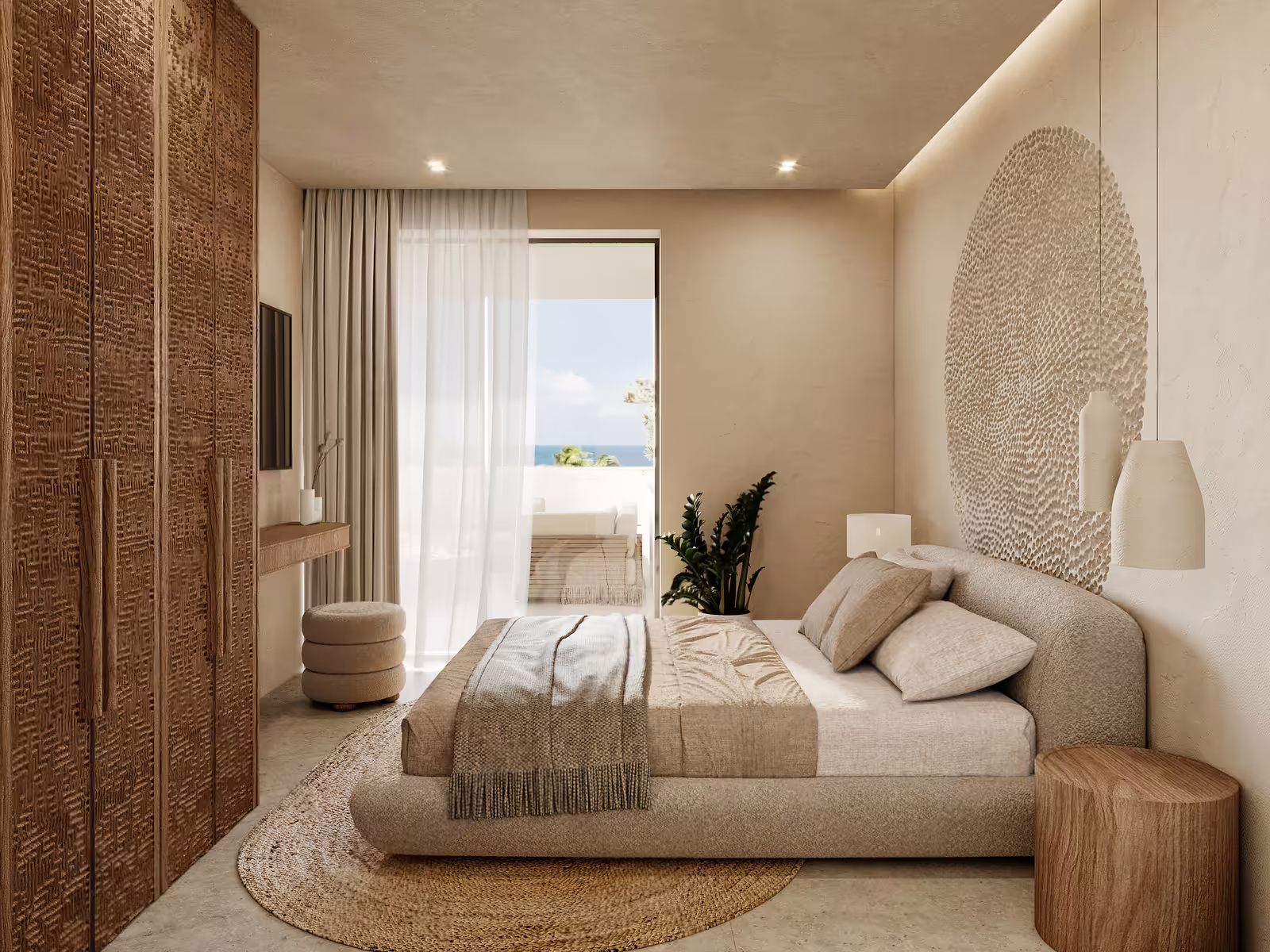 Two bedroom apartment at Azure Paje: second bedroom with a timber wardrobe and garden view