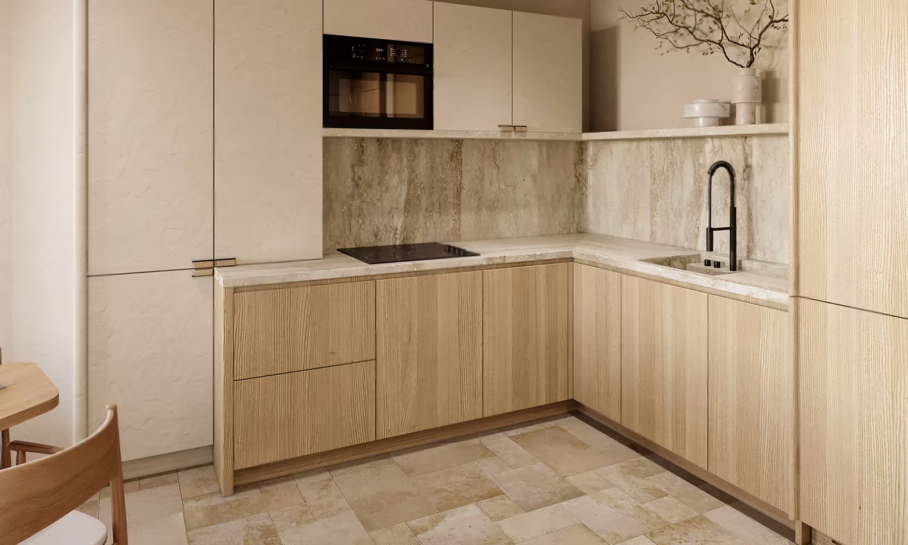 One bedroom apartment at Azure Paje: fitted kitchen with timber units and a stone splashback