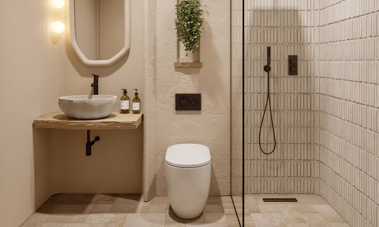 One bedroom apartment at Azure Paje: bathroom with a stone basin, walk-in shower and tiled wall