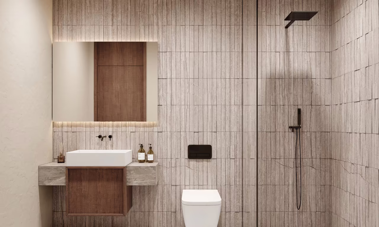 3 Bedroom Penthouse at Azure Paje: guest bathroom with a stone vanity and walk-in shower