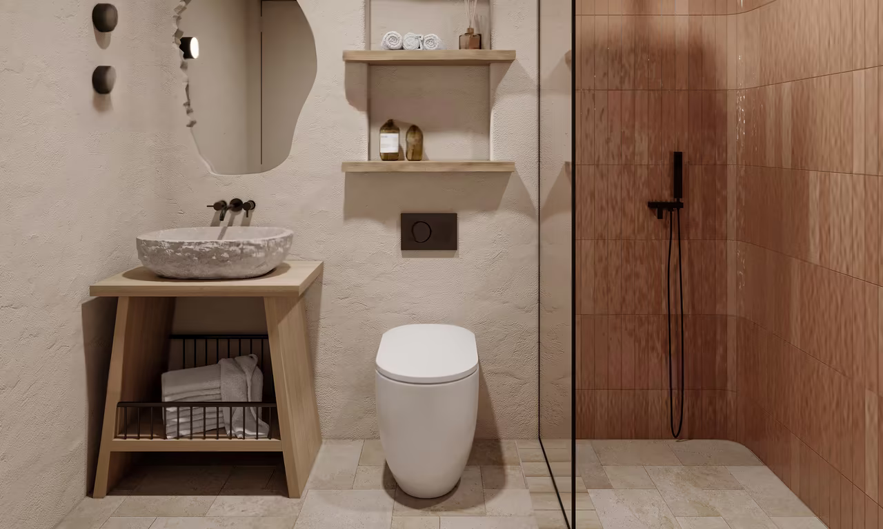 Studio apartment at Azure Paje: bathroom with a stone basin, walk-in shower and terracotta tiles