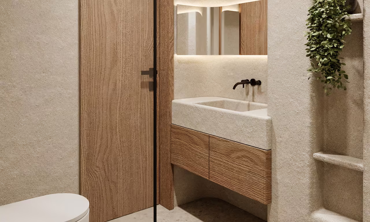 Two bedroom apartment at Azure Paje: second bathroom with a stone basin on a timber vanity