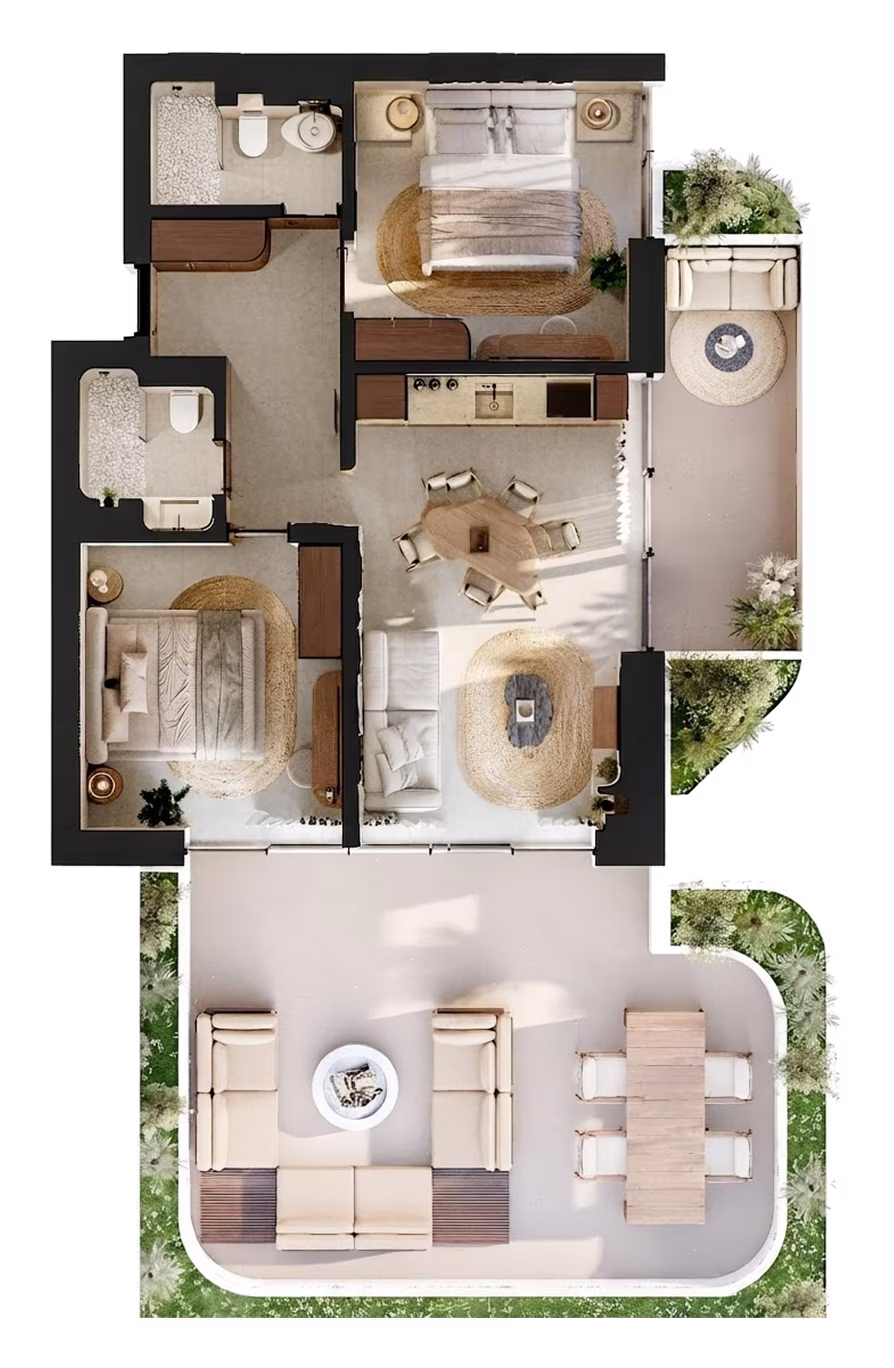 Floor plan of the Two Bedroom apartment at Azure Paje: two bedrooms, two bathrooms, open living and kitchen, a balcony and a terrace