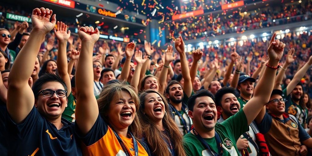 Fans celebrating in a packed stadium.