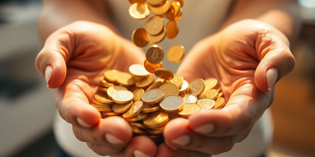 Coins cascading into open hands, vibrant, abundant.