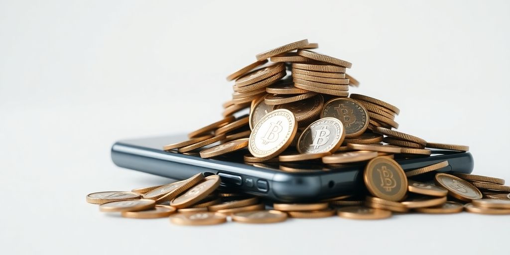 Coins falling into a smartphone