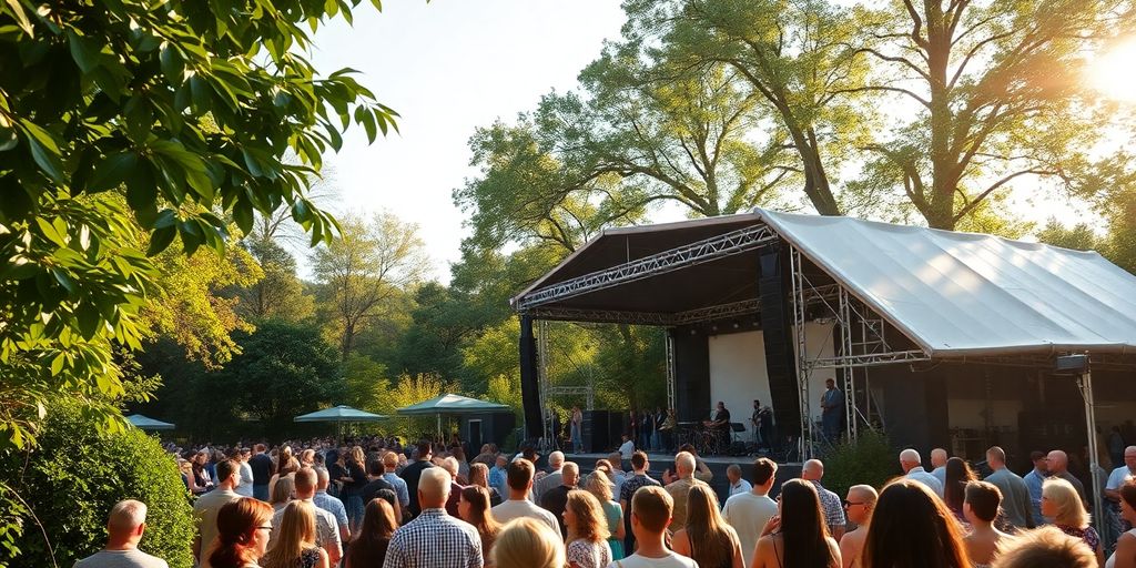 Green leaves, event stage, diverse people.
