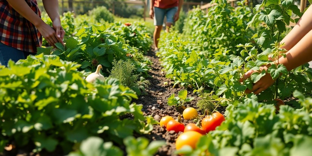 Community garden thriving, people harvesting produce.