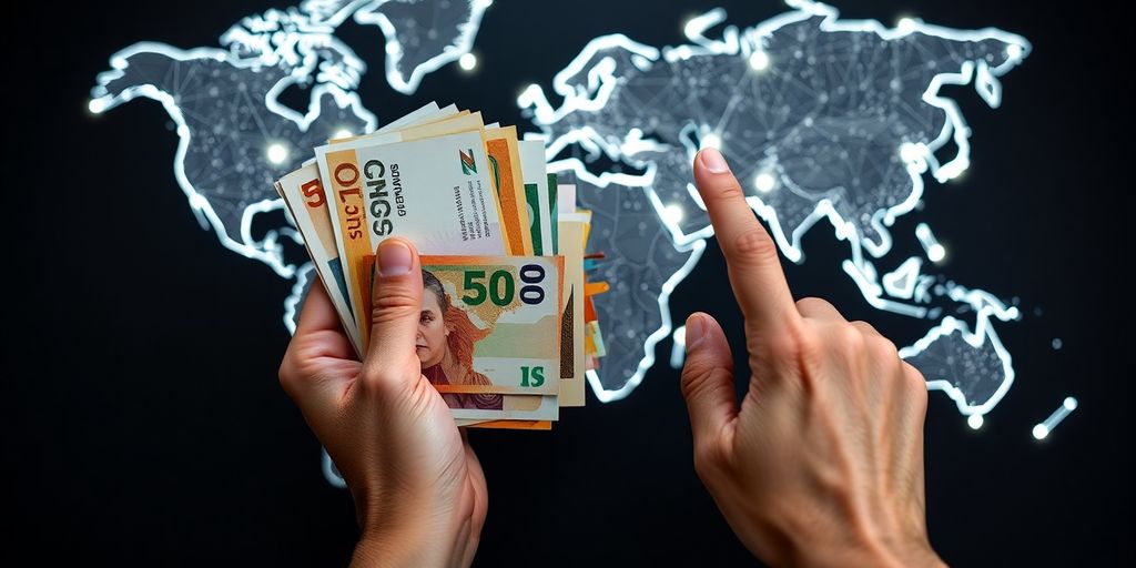 Two hands, multiple currencies, world map.