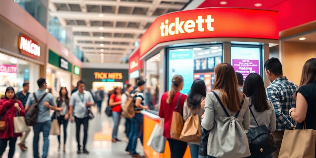 People buying tickets at a pop-up booth.