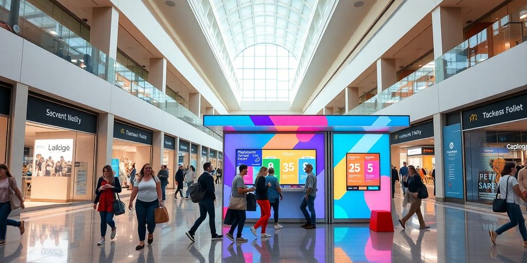 Pop-up ticketing kiosk in a busy mall.