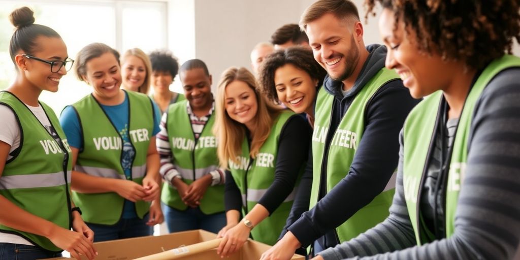 Diverse group of happy, committed volunteers working together.