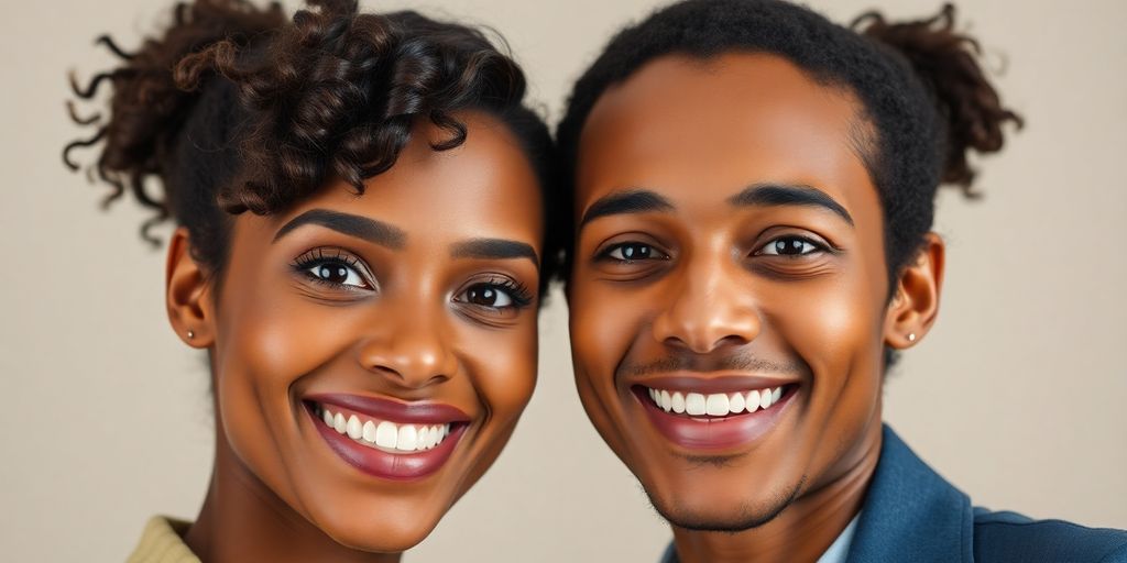Two people, diverse, looking at camera